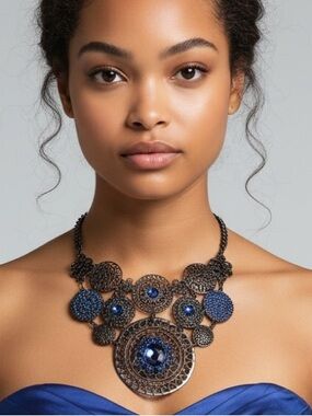 VINTAGE GUNMETAL BLUE CRYSTAL STATEMENT COLLAR NECKLACE Filigree Medallion Bib